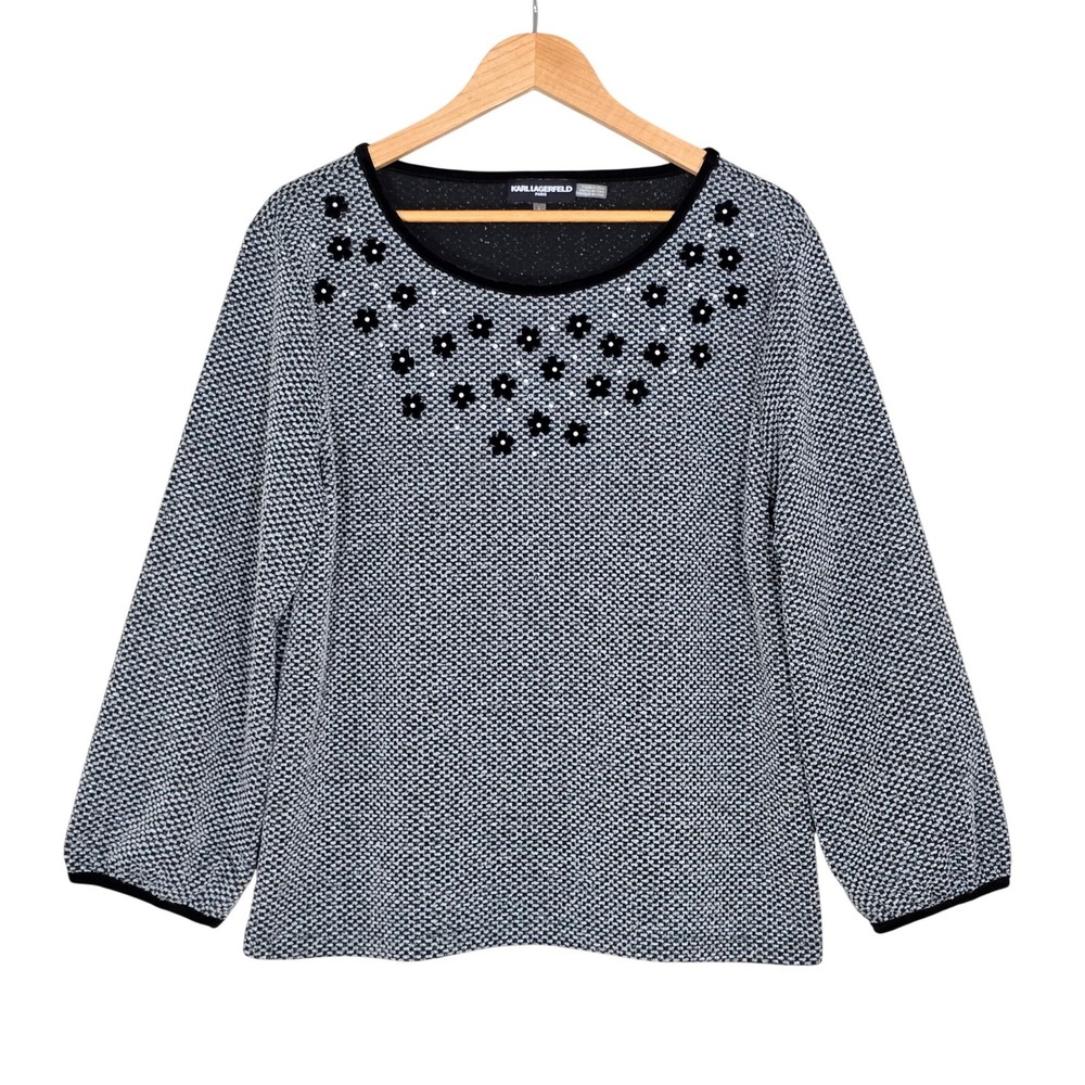 Karl Lagerfeld Paris Women's Floral Pearl Embellished Knit Top Black White L